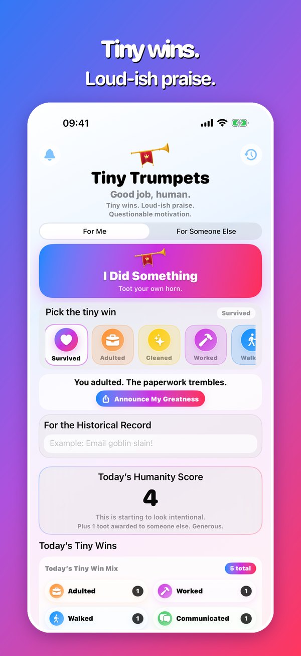 The Tiny Trumpets home screen with today's humanity score